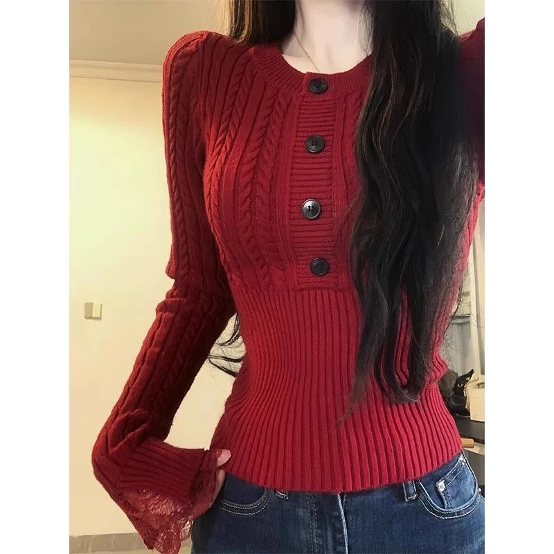 Jesienno-zimowy sweter z długim rękawem, retro, podkreślający talię, z wstawkami w kwiaty, dzianinowy, czerwony na Nowy Rok, gruby, dopasowany.