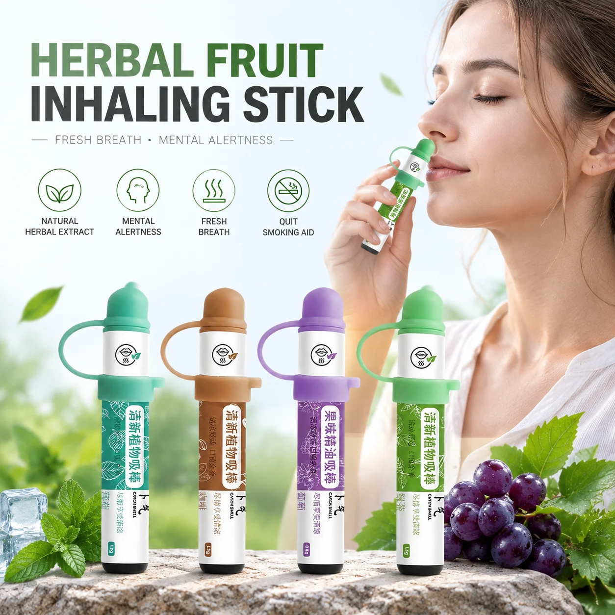 Fruit Flavor Energy Inhaler Stick, Mint Grape Coffee Green Tea Herbal Aroma Pen for Refreshing Senses and Smoking Habit Support