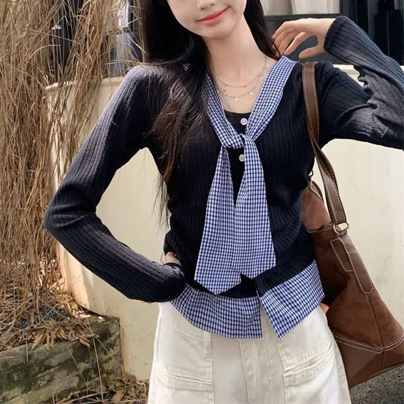 

Preppy Style Plaid Spliced Pullovers Spring Autumn Long Sleeve Women's Fashion Scarf Collar Korean Contrasting Colors T-shirts