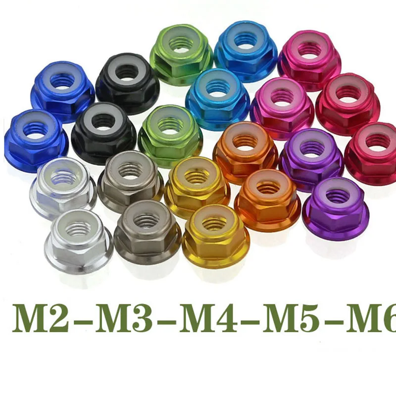 1Pcs M2 M3 M4 M5 M6 Red/ Black/ Blue/ Light blue/ Orange/ Golden/ Purple/ Pink Anodized Aluminum Flange Nylon Lock Nut