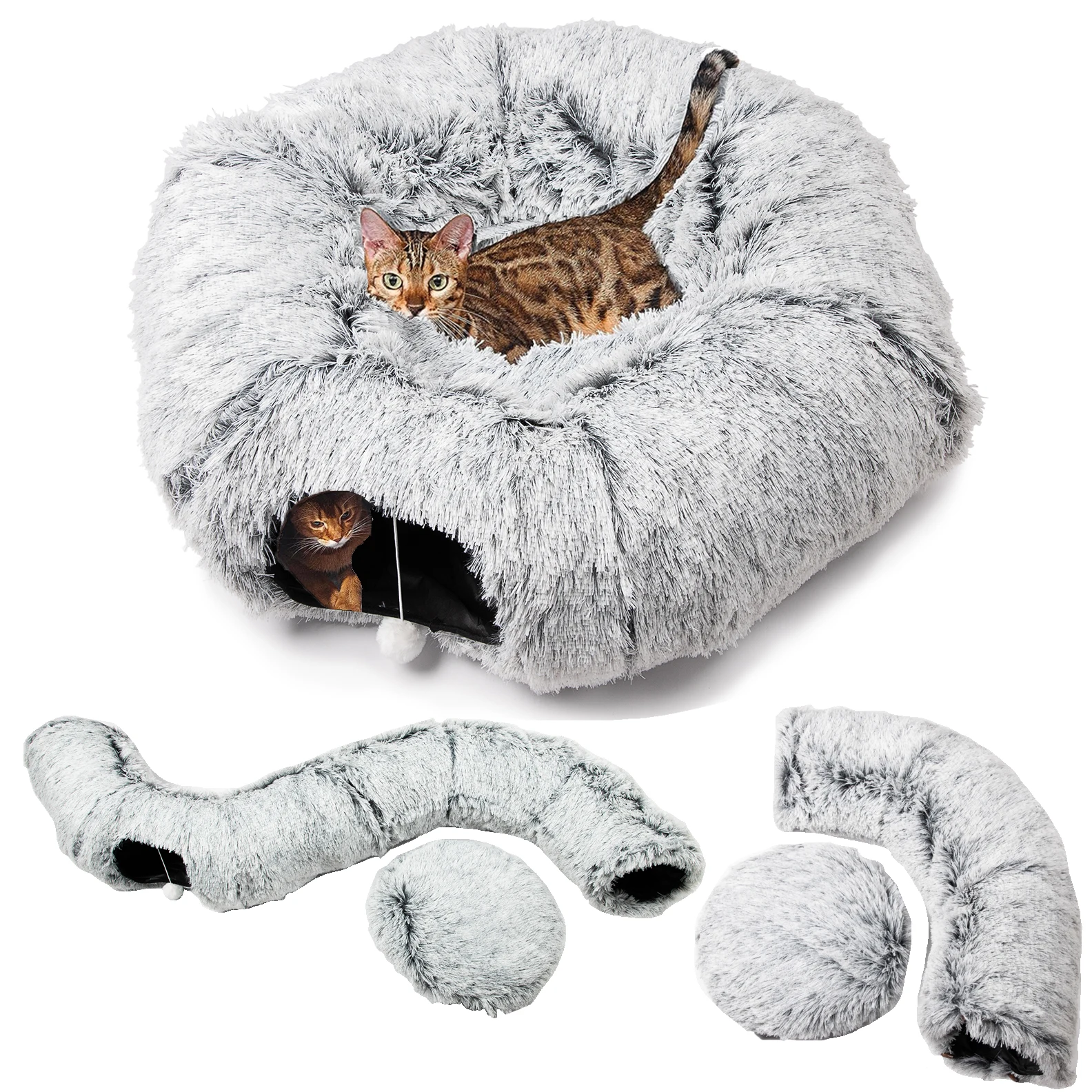 

Cat Tunnel Bed with Soft Central Mat Plush Cat Bed with Tunnel for Indoor Cats Warm Pet Nest Foldable Kittens Tunnel Nest Bed