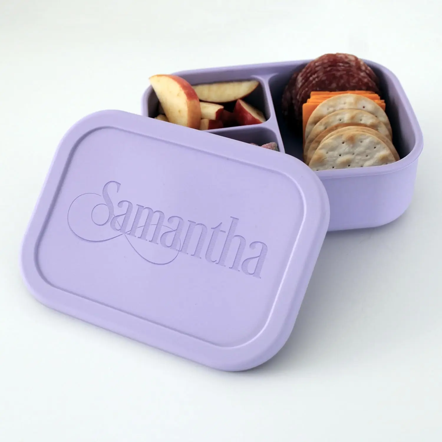 

Personalized Reusable 3 Compartment Silicone Bento Box Lunch Container for Kids Microwave Dishwasher Safe (Samantha)