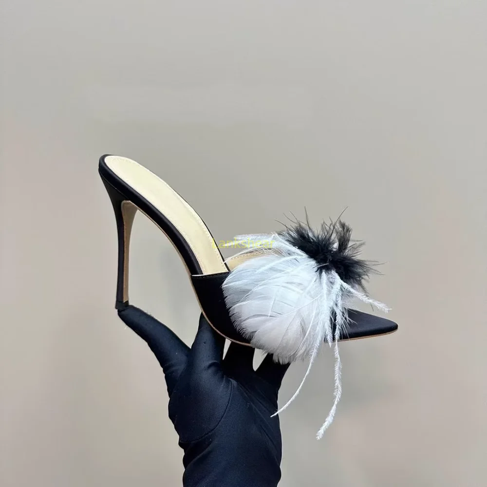 

White Feather Pointed Toe Slippers Sexy Thin Heel Mixed Colors Slip On New Arrivasl Fashion Women Modern Shoes