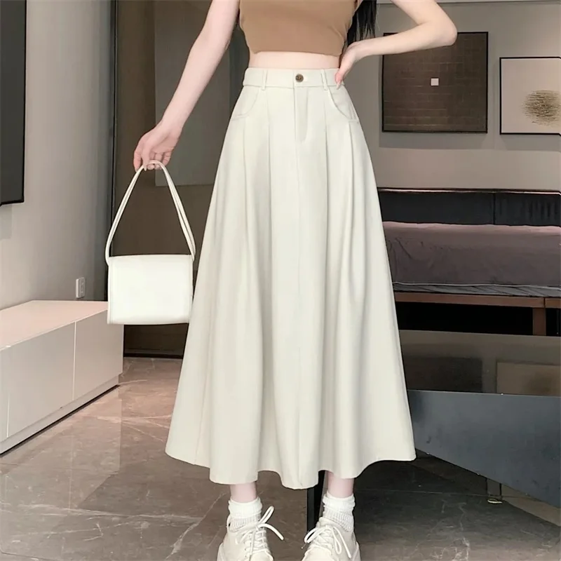 

New Korean Skirt Women Solid Color Versatile Mid-length Pleated Skirt Large Swing Type Skirt Female Long Skirts for Women