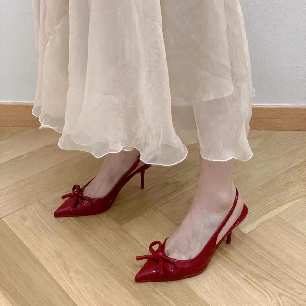 Patent Leather Red Heels Sexy Stripper Pointy Brand Designer Sandals Women 2026 Summer Trend Bow Party Women's Slingback Sandals