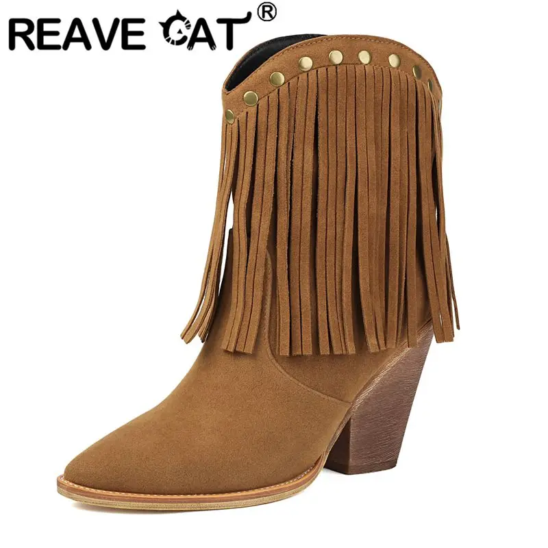 

REAVE CAT Sale Women Western Booties Pointed Toe 9.5cm Chunky Heels Fringe Flock Suede Winter Mid Calf Boots Large Sizes 42-43