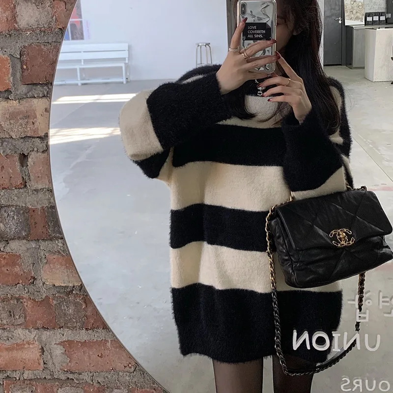 Lazy striped imitation mink velvet pullover sweater for women, retro style knitwear for women, autumn and winter