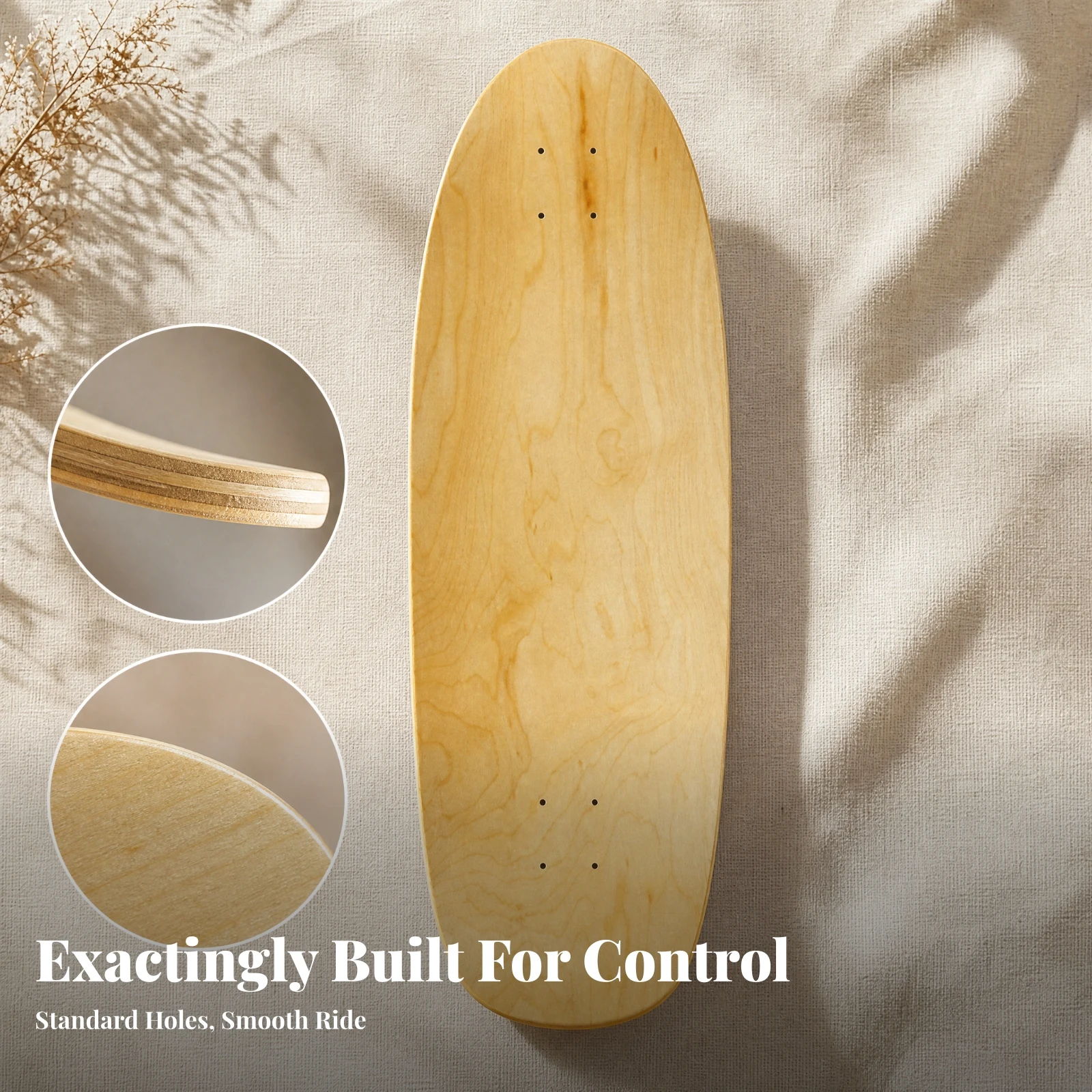 Hardwood Land Surf Board Deck with Natural Wood Grain Finish for Custom Skate Setup