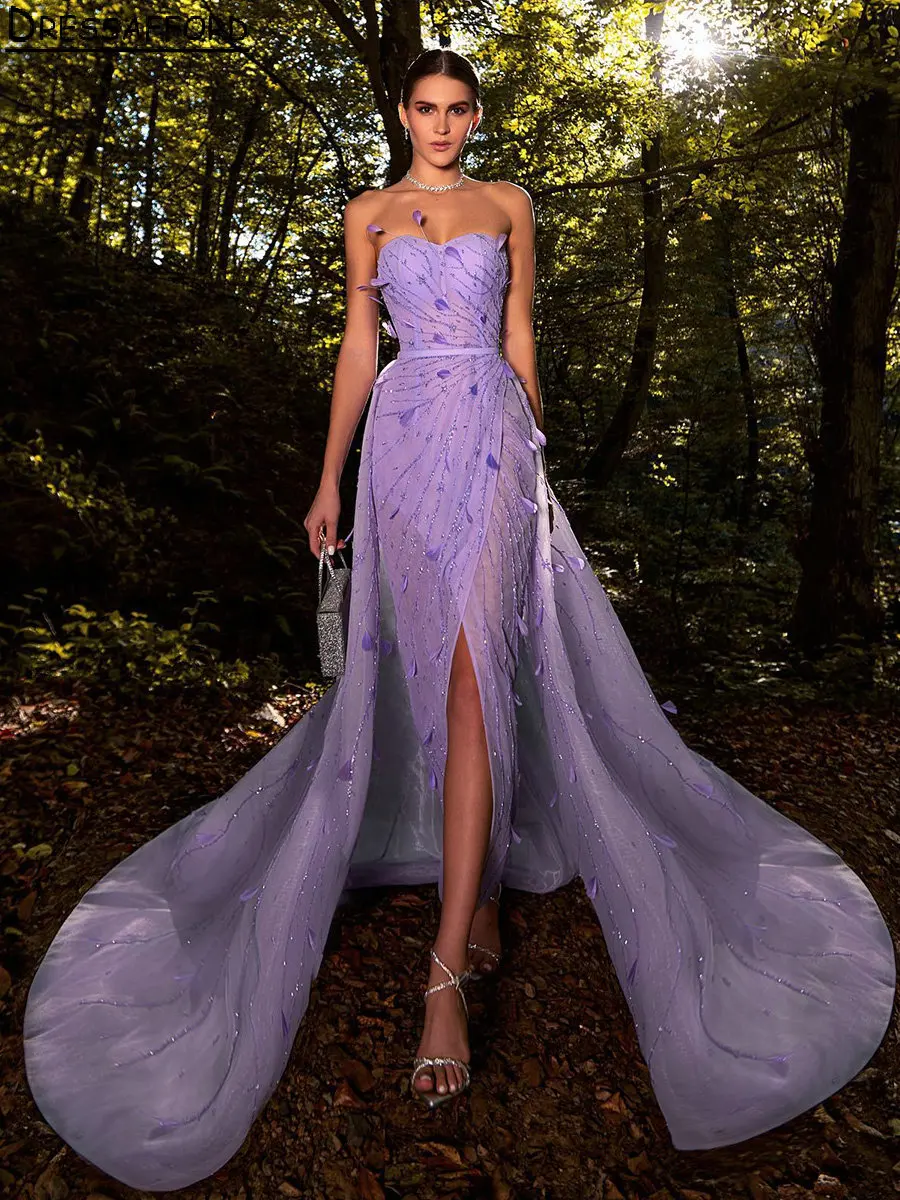 

Сиреневое милое вечернее платье с кристаллами и высоким разрезом, вечернее платье с юбкой-годе Дубая, со съемным шлейфом и 3D цветами, официальная одежда для вечеринки, платье