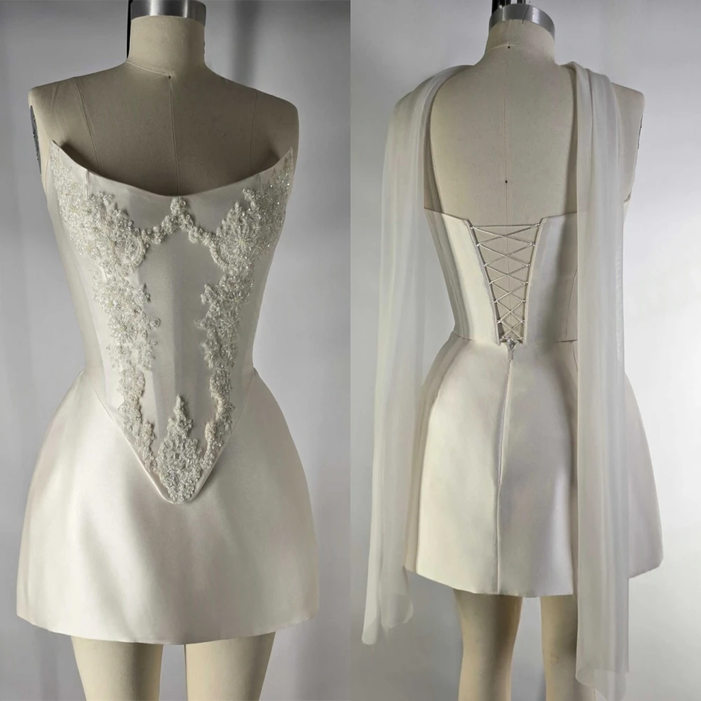

Customized Elegant White Satin Exquisite Appliques Wedding Dress Fashion Bridal Party Sexy Strapless Delicate Bridal Gowns