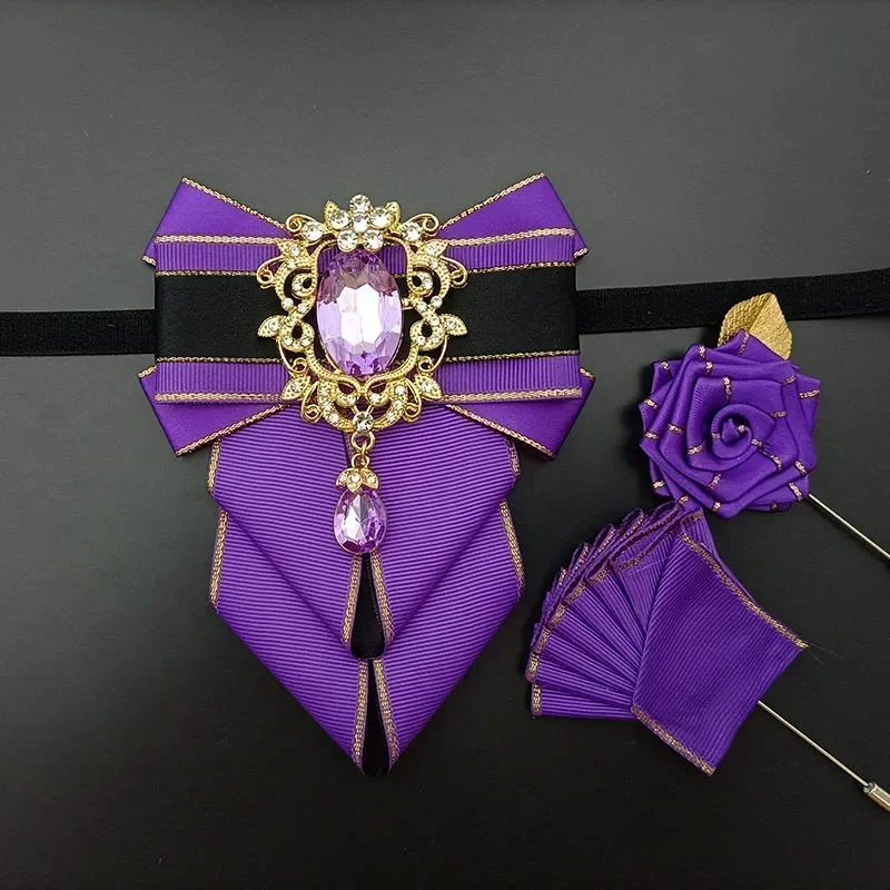 High-end Men's Bow Ties Sets British Korean Handmade Jewelry Gifts Business Suits Shirts Wedding Rhinestone Bow-tie Corsage Set