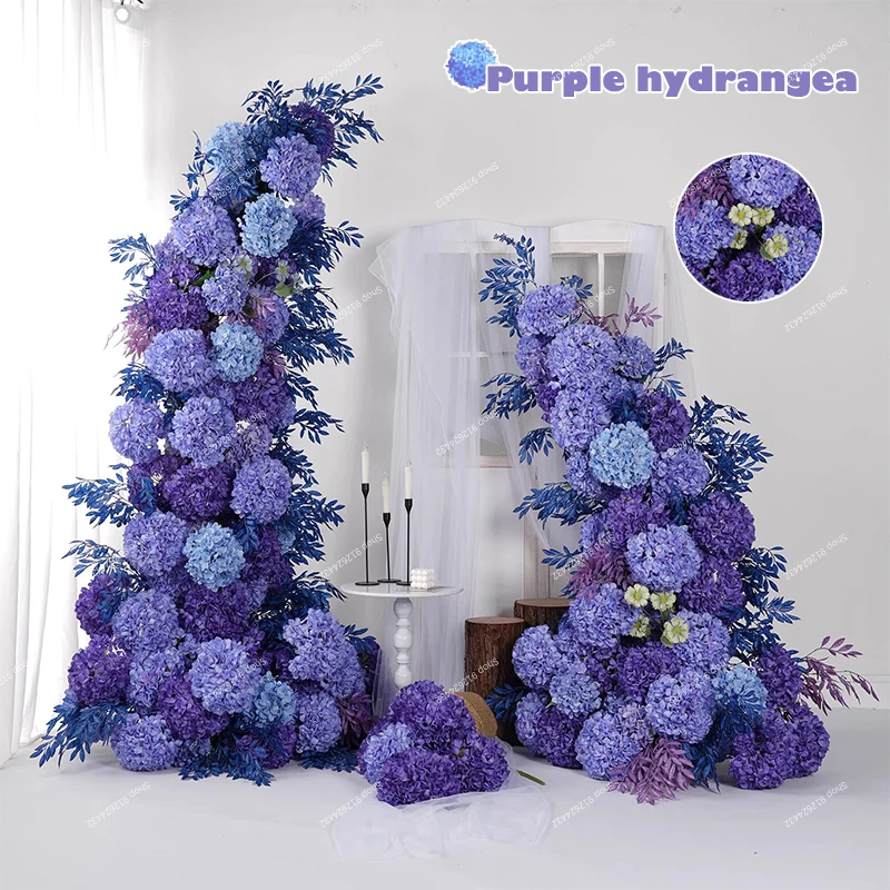 

Purple Luxurious Hydrangea Floral Arrangement Decor Horn Arch Wedding Backdrop Floor Flower Row Event Banquet Stage Props Party