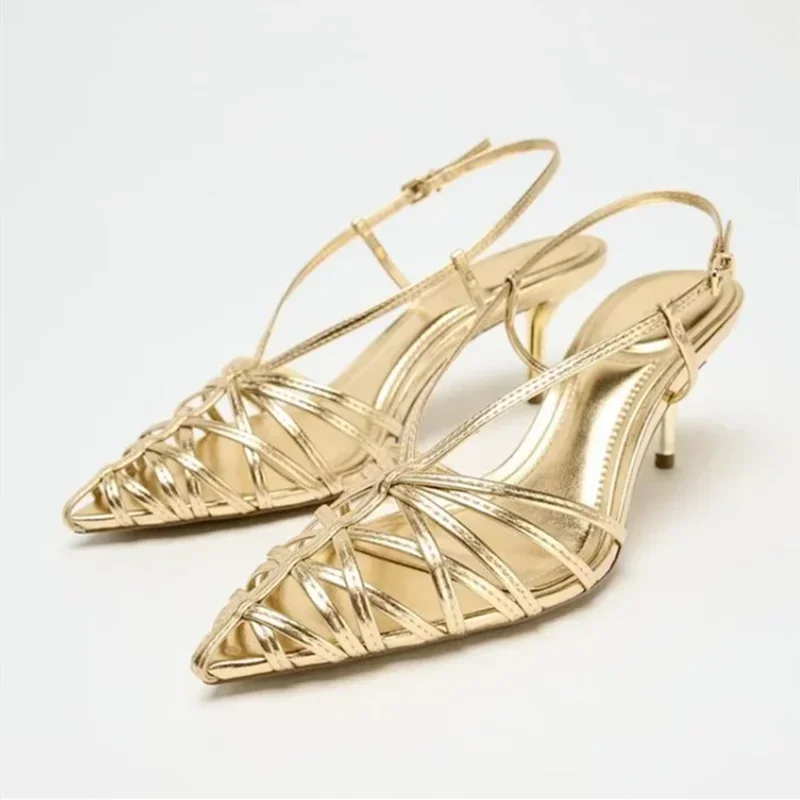 

Luxury Designer Gold Narrow Strap Heeled Sandals Women Hollow Out Pointed Toe Pumps Elegant Slingback Wedding Bridal High Heels