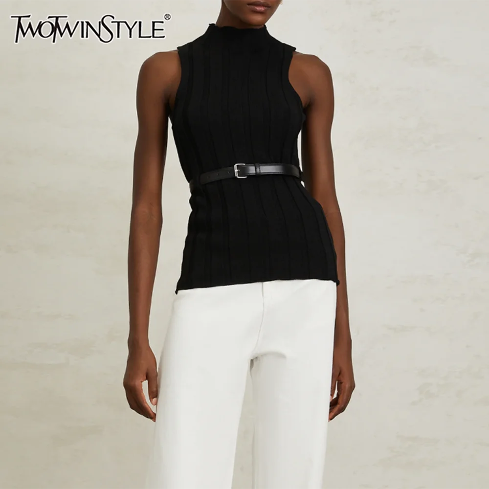 

TWOTWINSTYLE Solid Slimming Spliced Belt Fashion Knit Vests for Women Stand Neck Sleeveless Patchwork Striped Basics Vest Female