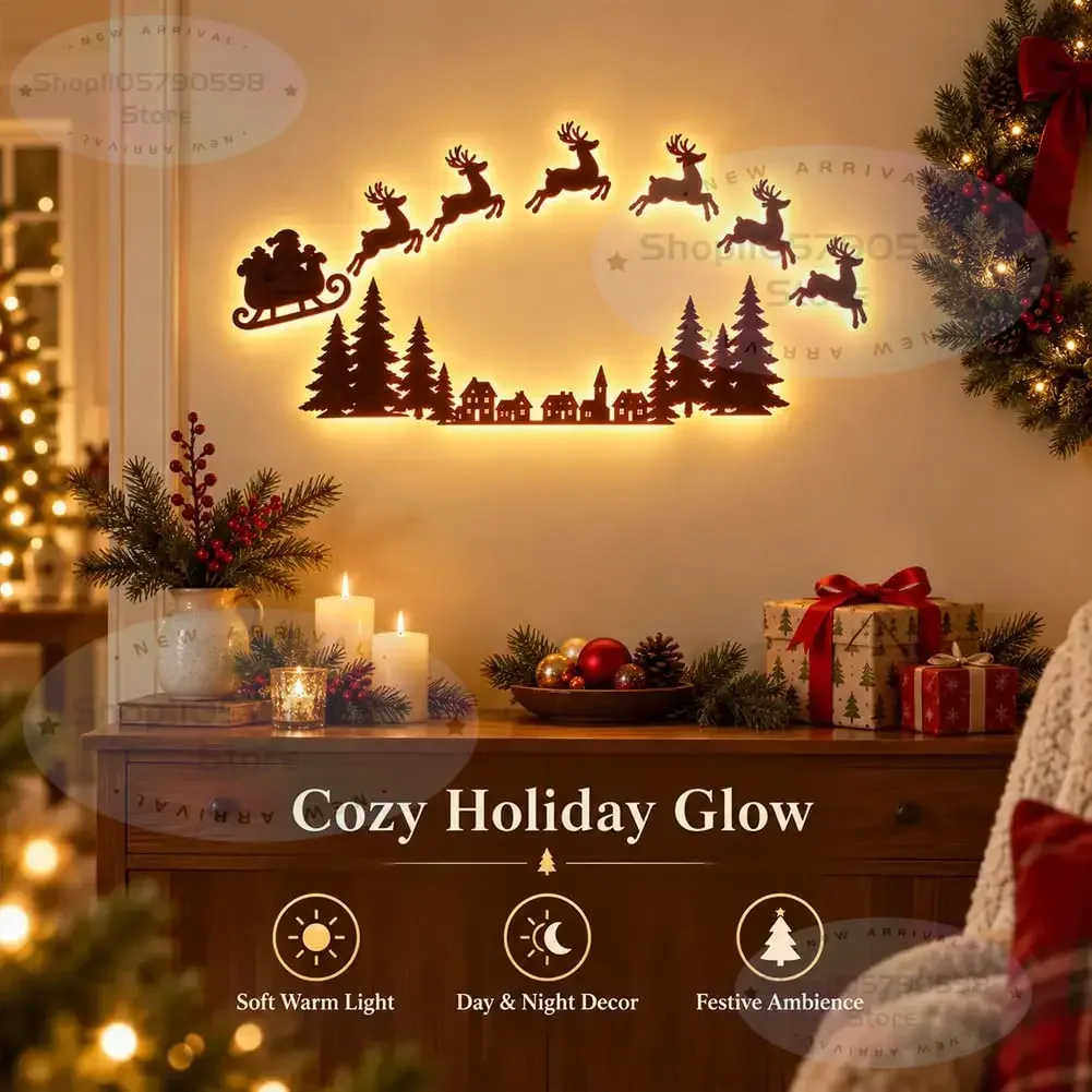 2026 Lighted Santa Sleigh Reindeer Christmas Wall Decor Remote Set,Warm white glow, wooden cutout design, flexible layout