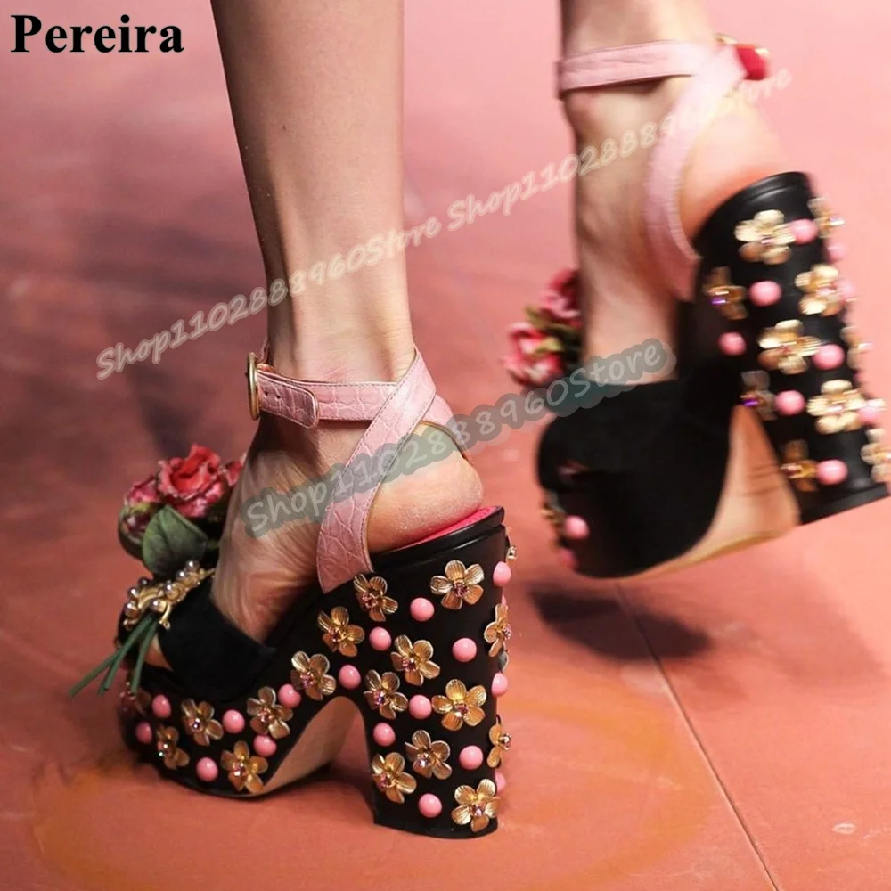Luxury Mixed Flower Decoration Platform Sandals Thick Heel Shoes For Women Ankle Buckle Strap Peep Toe Banqurt Catwalk Sandals