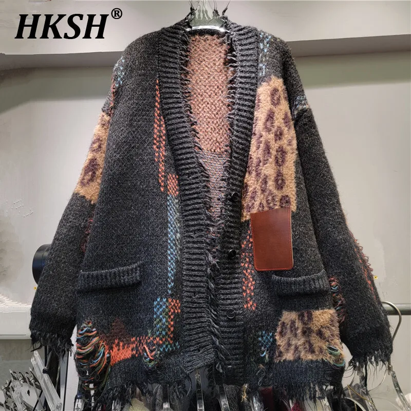 HKSH High End Fashion Outfit With Leopard Print Knit Cardigan Jacket For Women In Autumn And Winter, Lazy Style, Loose Sweater,