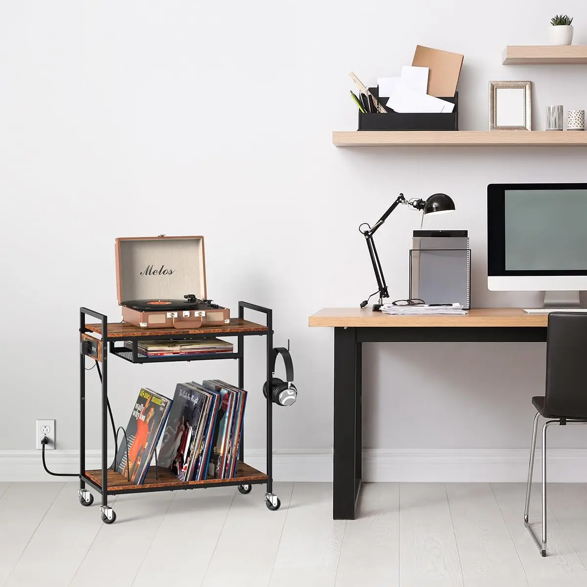 3-layer desk, record player stand with charging station, turntable stand with 4 wheels, and 4 quick release partitions