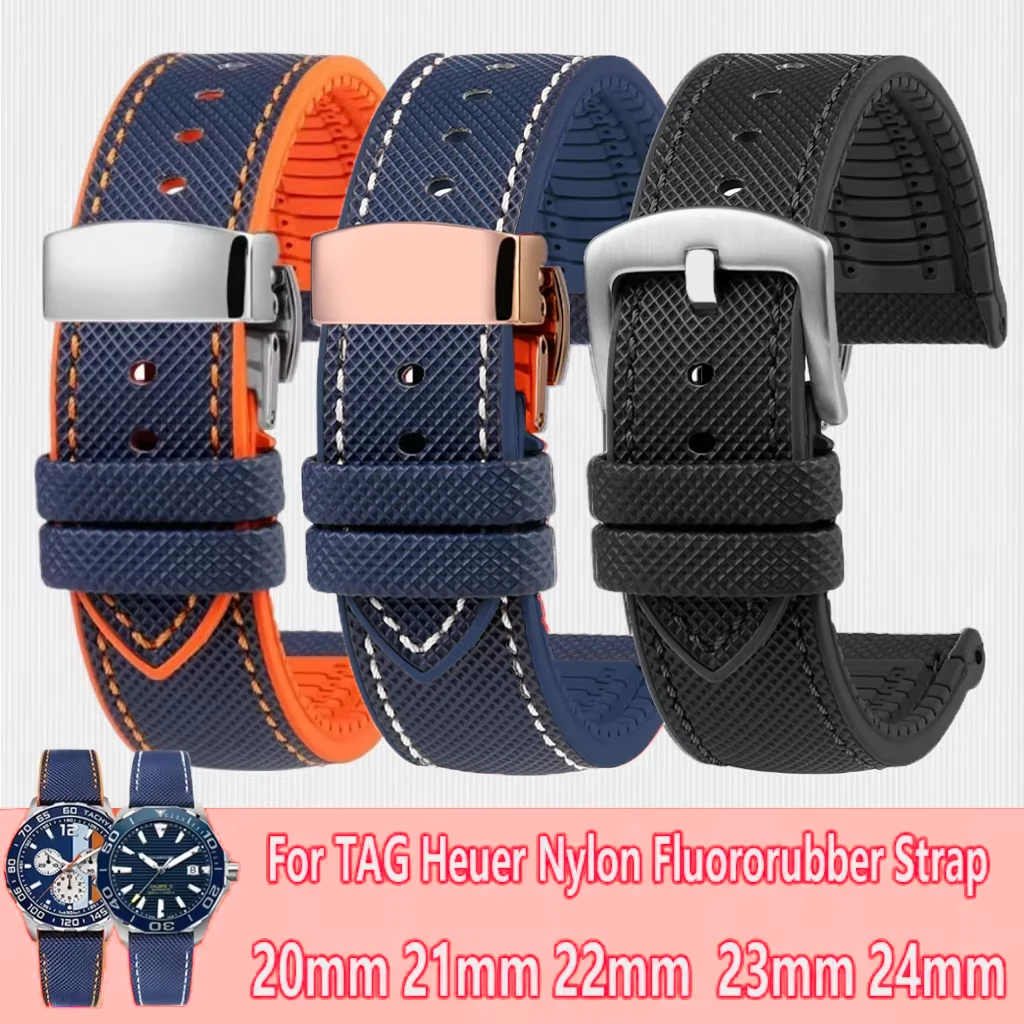 Pulseira de borracha fluorada de nylon, 20mm 21mm 22mm 24mm para tag heuer f1 carrera aquaracer monaco viton pulseira à prova d'água masculina