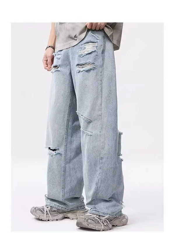 

Summer New plus Size High End Trendy Brand Men's Distred Jeans 2300 Pou American Sle Loose Straight Leg Pants