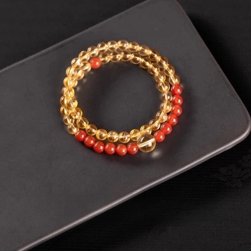 Chinese Style Lucky Wealth Attracting Natural Citrine Red Agate Double Layer Beaded Bracelet Good Luck Blessing Spiritual Jewelr