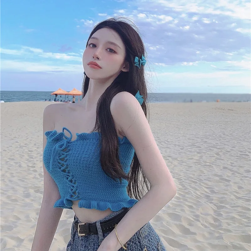 Bez ramiączek Off Shoulder Tube Tops Women Sexy Front Tie-up Ruffles Solid Color Crop Top Summer Party Beach Tank Knitted Vest