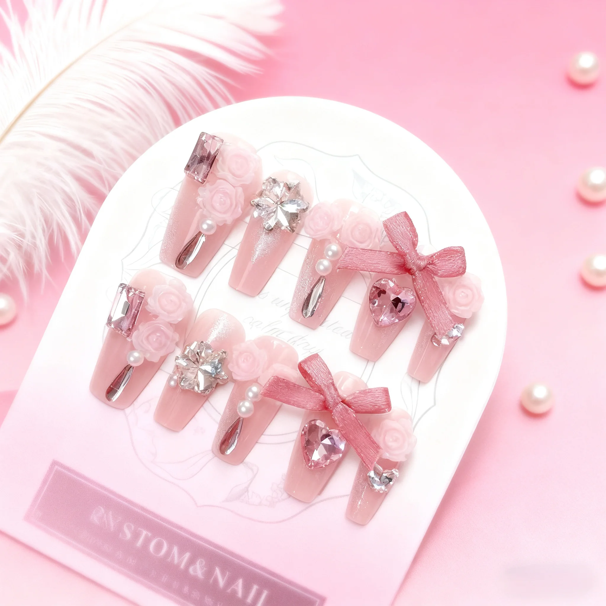 

24Pcs Cute Sweet False Nails with Diamond Rose Design Press on Nails Tips Art Set Full Cover Acrylic Artificial For Women&Girls