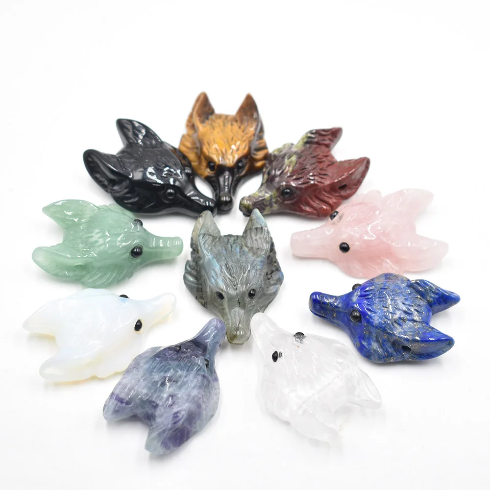 Großhandel 2 Stück/Set Modische Naturstein-Amethyst-Lapislazuli-Anhänger in Wolfskopfform für die Schmuckherstellung. – Detail 6