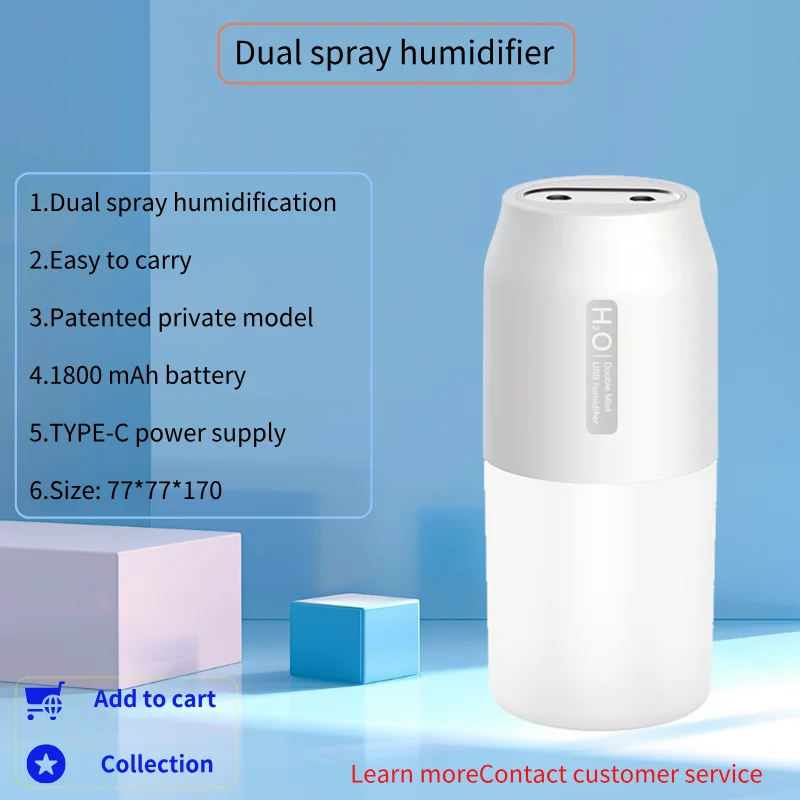 300ml Portable Dual Spray Ultrasonic Air Humidifier 1800mah Rechargeable Mini with LED Night Light USB Silent Car Home