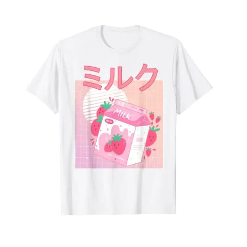 Funny Retro 90s Japanese Kawaii Strawberry Milk Shake Cartoon Summer T-Shirt Graphic T Shirts for Women Aesthetic Tops