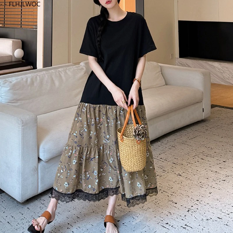 ชุดหลวมผู้หญิง Vestidos ยุโรปสไตล์ผู้หญิง 2025 ฤดูร้อน Patchwork ลูกไม้สีดํา Ruffles สีดําผ้าฝ้ายผสมเสื้อยืดชุด