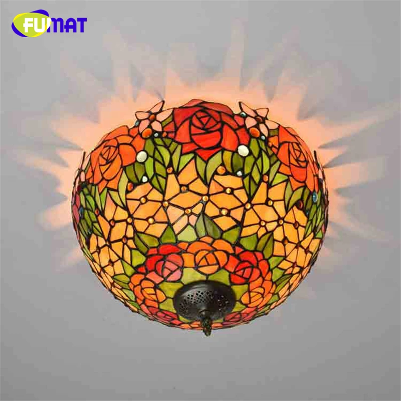 Fumat Tiffany Ceiling Light Retro Stained Glass Rose Lampshade Ceiling Lamp Hotel Living Room Home Decor LED Ceiling Light