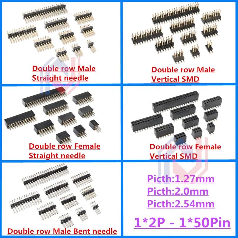 10Pcs 1.27mm 2.0mm 2.54mm Pitch 2x2P -50Pin Double Row Male Female Pin Header PCB Board Connector 1.27 Pin header Socket SMD SMT
