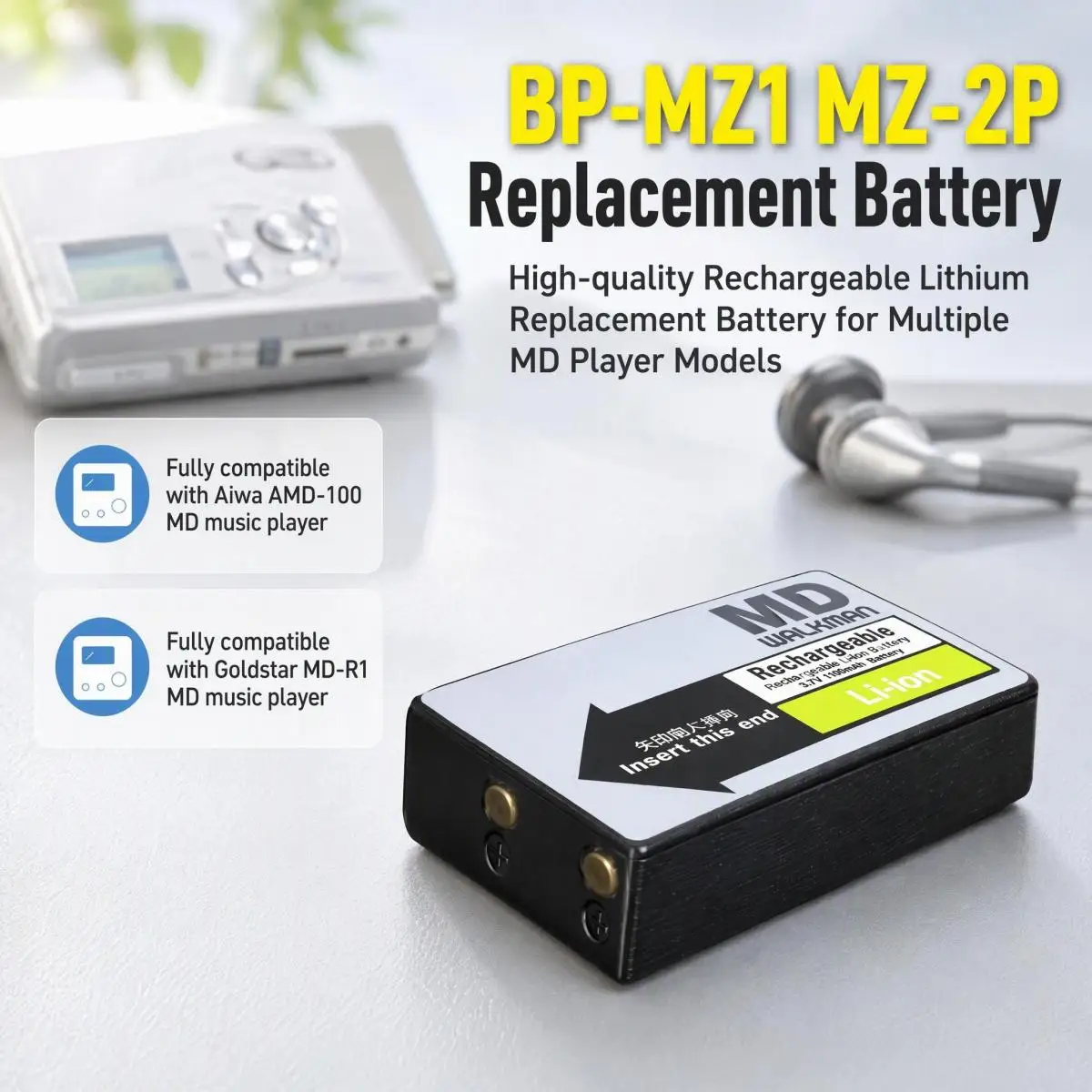 Rechargeable Lithium Replacement Battery Compatible with BP-MZ1, MZ-2P, Aiwa AMD-100, Goldstar MD-R1 MD Player