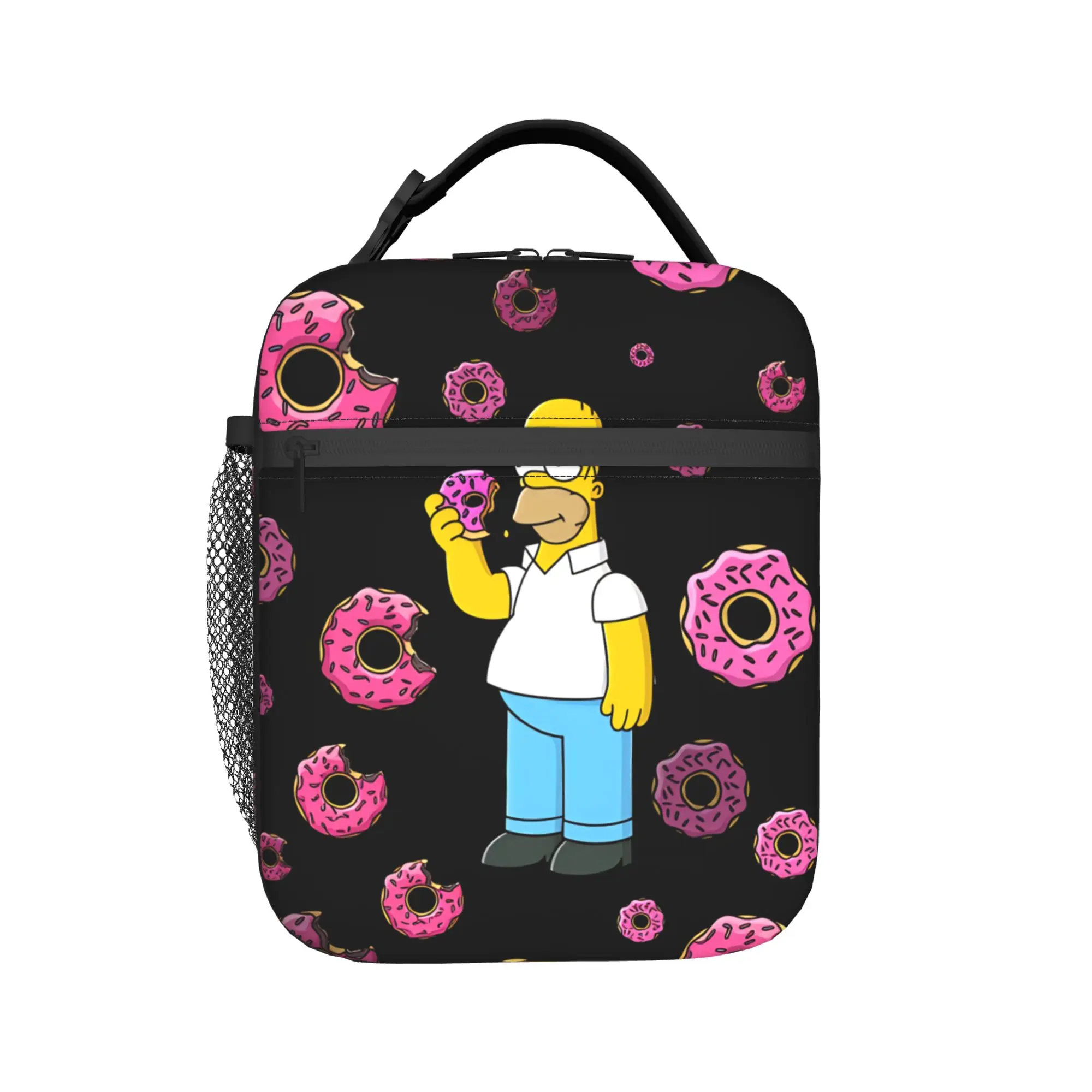 S-Simpsons Homer Donut Pink Sprinkles Lunch Bag For Men Graphic Design Lunch Box Casual Travel Cooler Bag Oxford Tote Food Bags