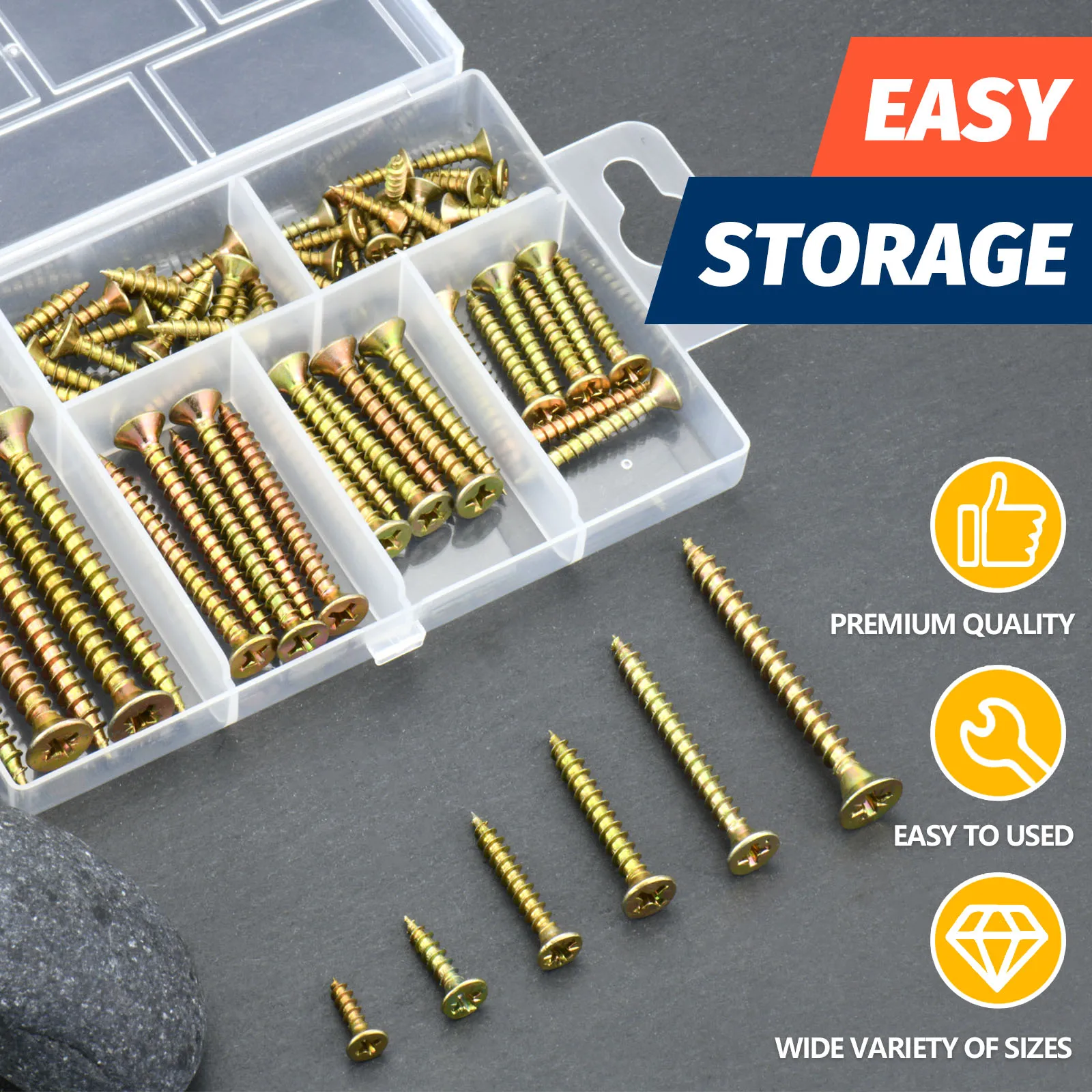 High Hardness Wood Screws Kit (6 Sizes 60pcs) - Phillips Flat Head Coarse Thread - For DIY Woodworking, Furniture Fixing