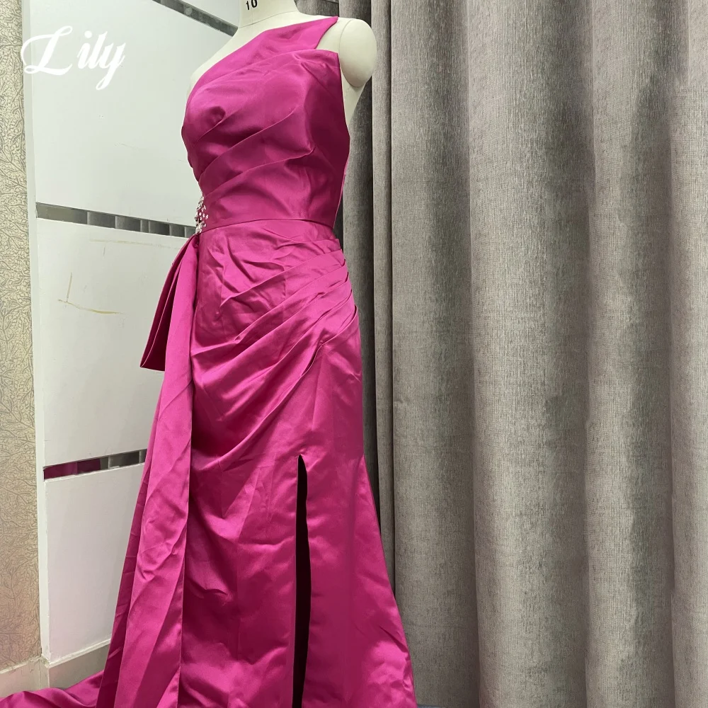 فستان حفلات أنيق من Lily Fuchsia بدون حمالات بدون ظهر وفتحة جانبية للحفلات الراقصة ترتر لامع مطوي زائدة فستان سهرة مخصص