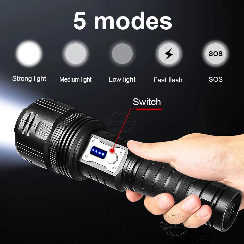 High Power Led Flashlight XHP 360 Super Bright Telescopic Zoom Long Range Spotlight USB Rechargeable Night Fishing Hand Lantern