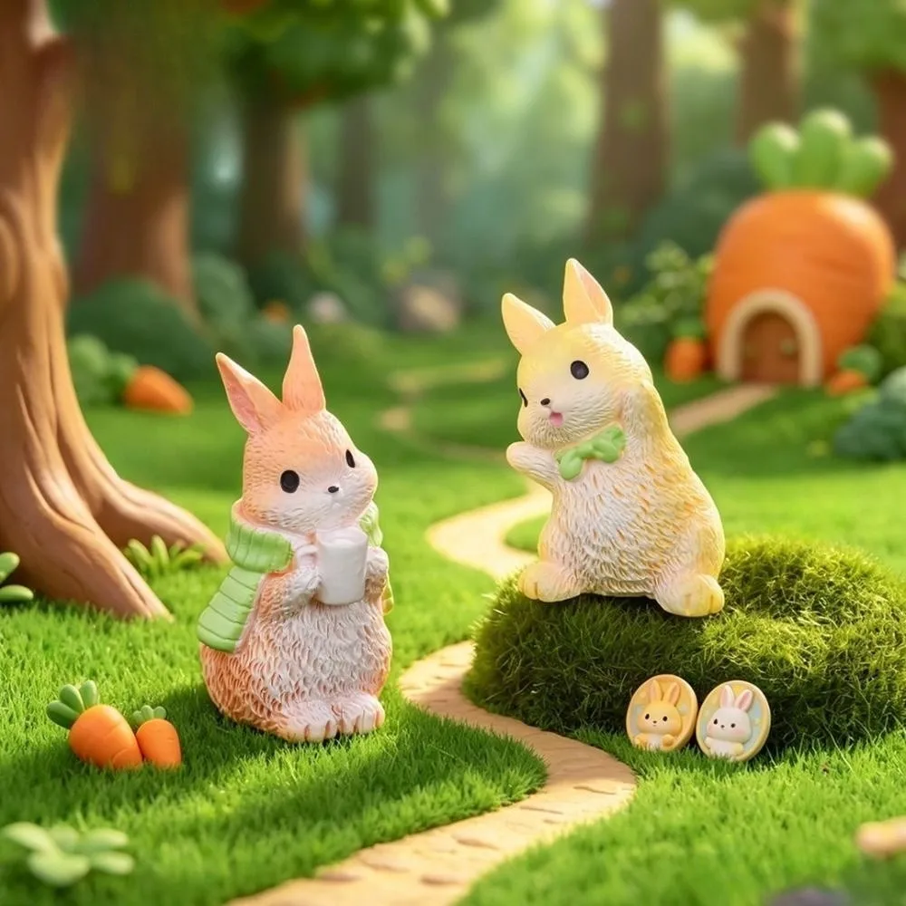 Cute Cartoon Rabbit Figure Model Resin 3D Design DIY Miniature Scene Handcraft Charming Animal Figurine Dollhouse