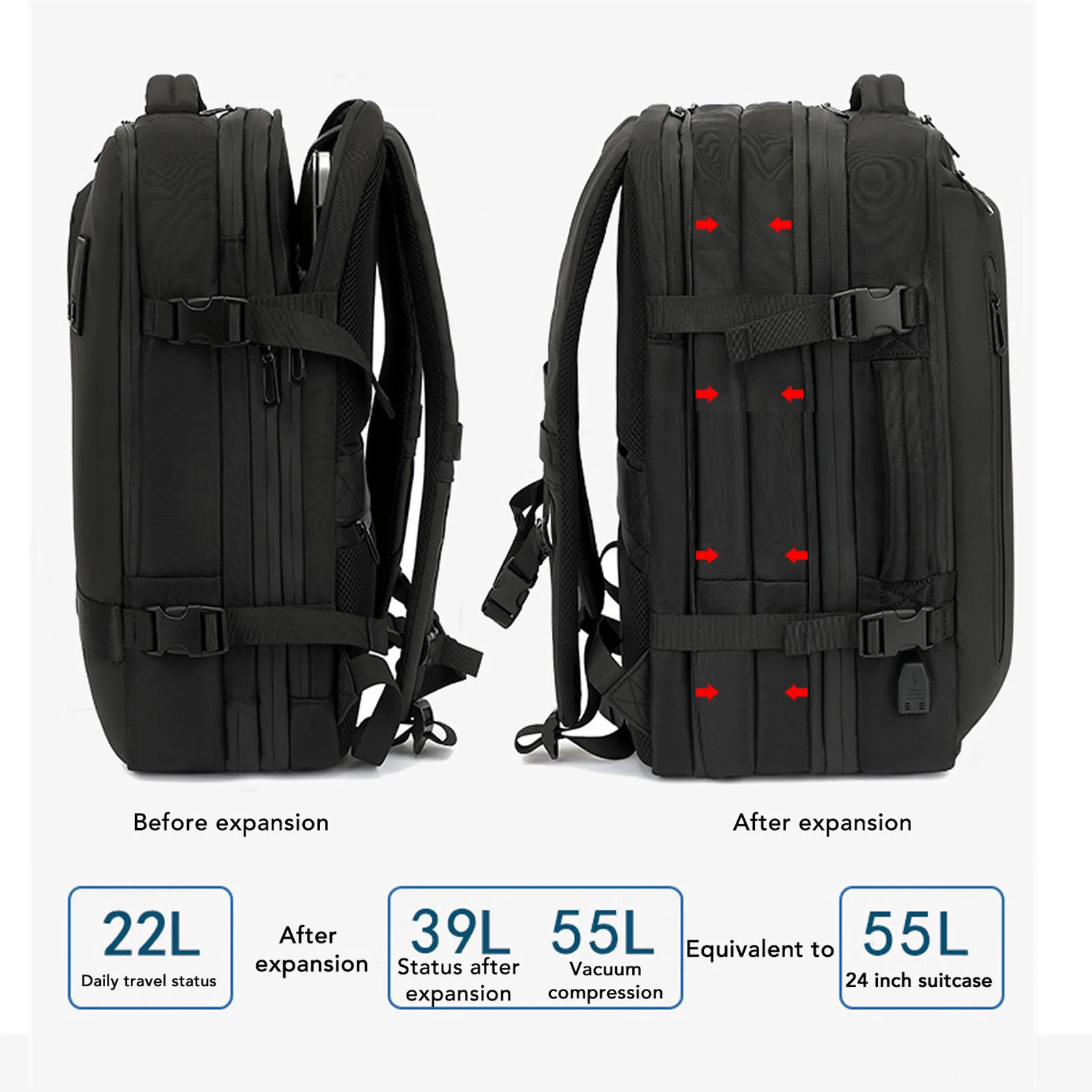 Backpack Dry Wet Separation Vacuum Backpack 180 Degree Opening 22L-55L Large Capacity with USB Charging Port for Business Trip