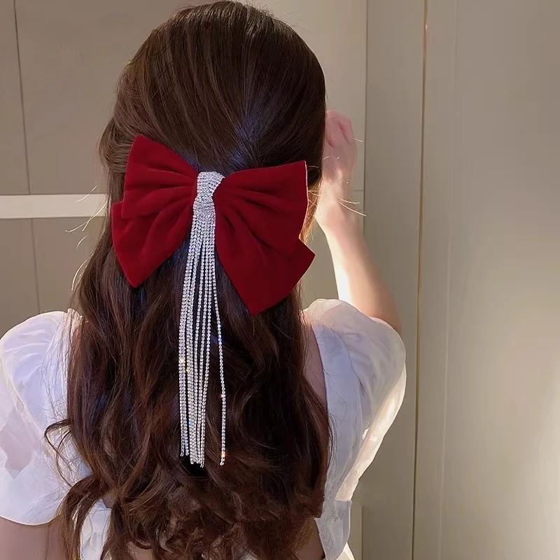 

Big Bow Bling Rhinestone Tassels Hair Clip Satin Hairpins Barrettes Wedding Korean Hair Clips Hairgrip Accessories For Women