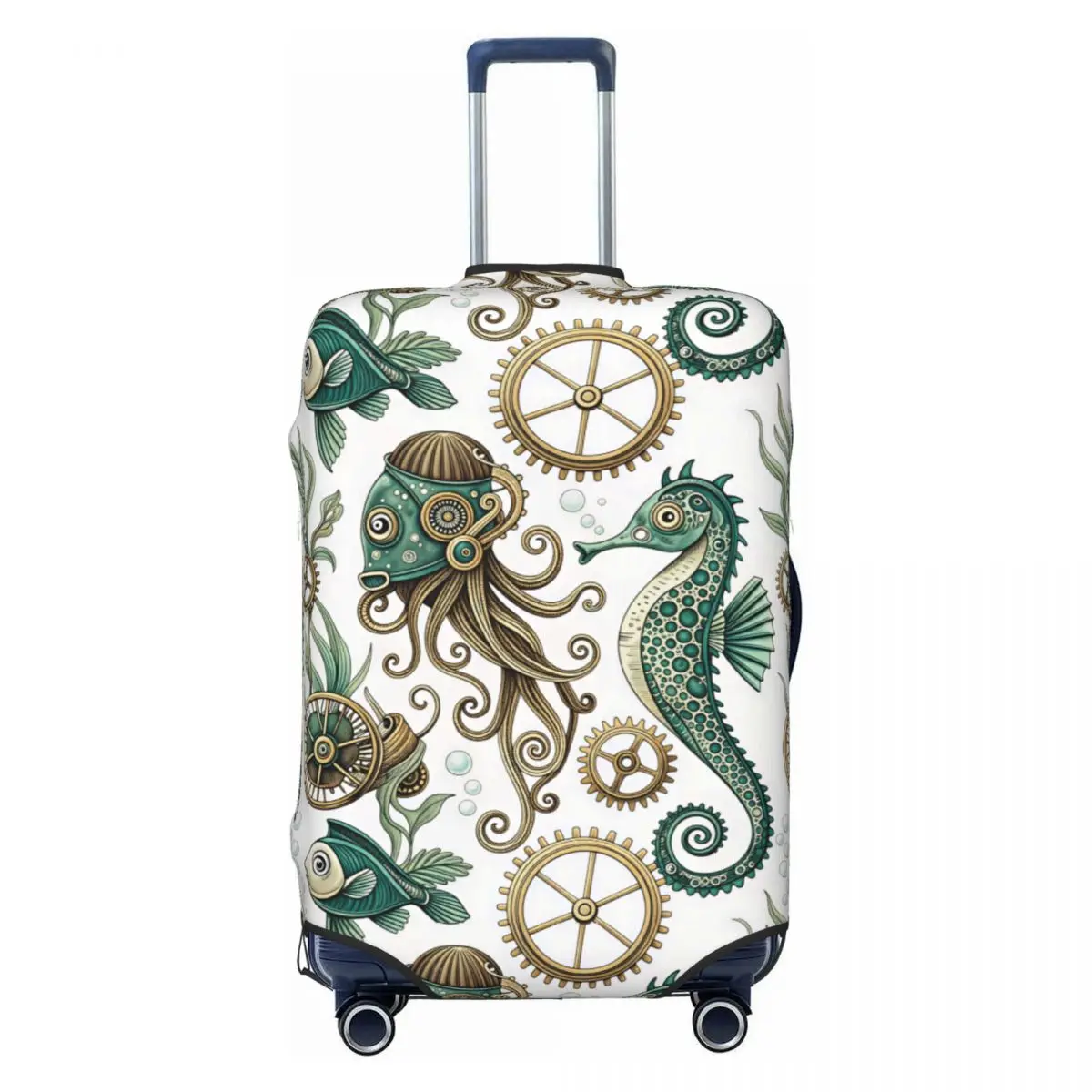 Steampunk Octopus Seahorse Fish Pattern Luggage Cover Elastic Sea Creatures Travel Suitcase Protective Covers Fits 18-32 Inch
