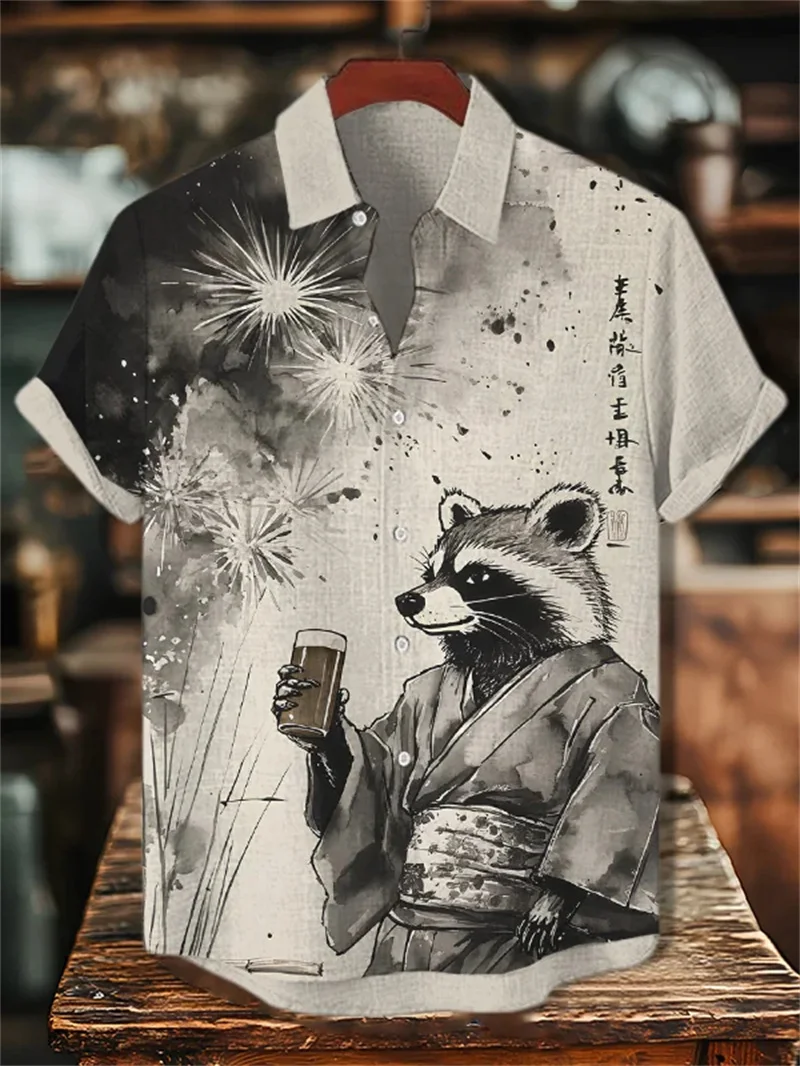 เสื้อเชิ้ตผ้าลินินแขนสั้นลายลิง 3 มิติ สไตล์ฮาวาย สำหรับผู้ชาย แฟชั่นฤดูร้อน เสื้อเชิ้ตแขนสั้นลำลองสำหรับผู้ชาย