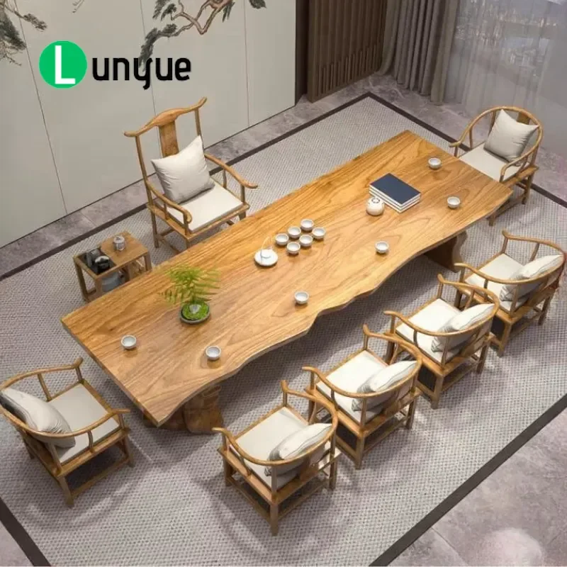 Solid Wood Large Slab Tea Table Set with Chairs New Chinese Style Household Office Living Room Furniture Natural Log Desk for