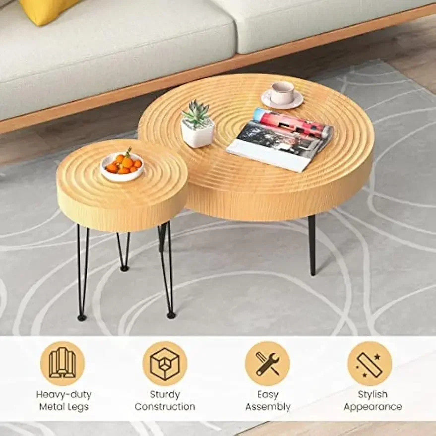 Adjustable Foot Pads Round Boho Coffee Table Set of 2,Natural Finish,Solid Wood Nesting Side Tables with Metal Legs