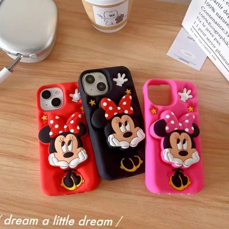Cute 3D cartoon Minnie silicone phone case with stand and an