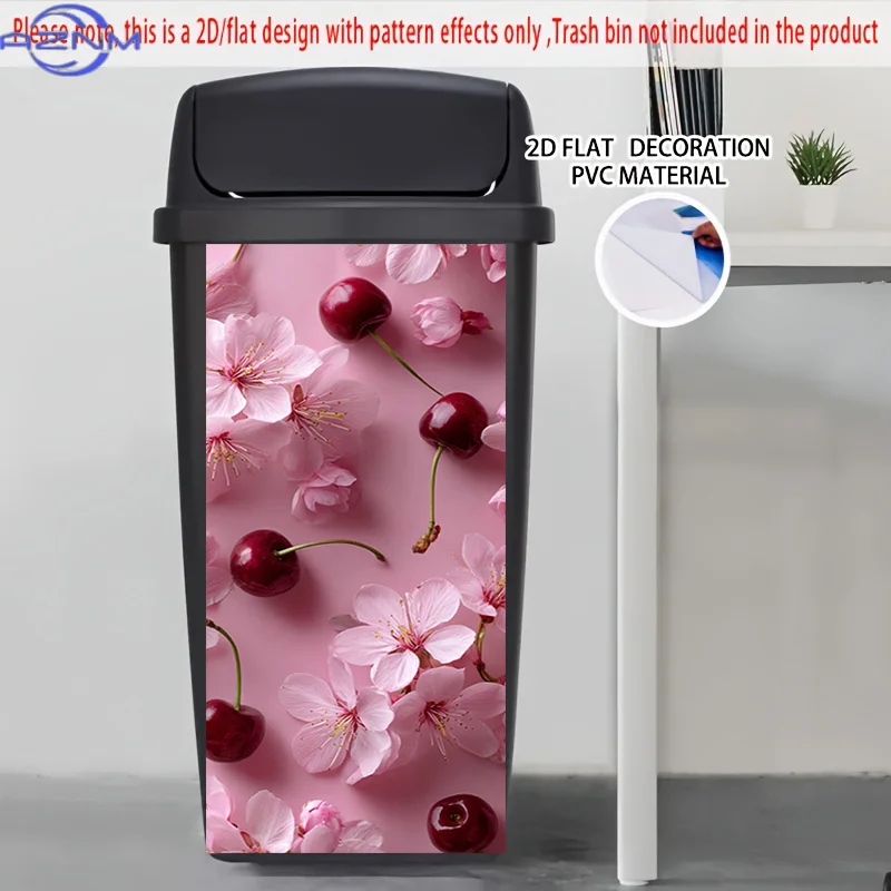 [2D Flat Printing] 1pc 2D Pattern Printing Kitchen Trash Can Sticker  Pink Cherry Contrast Theme Kitchen Home Decoration Wallp