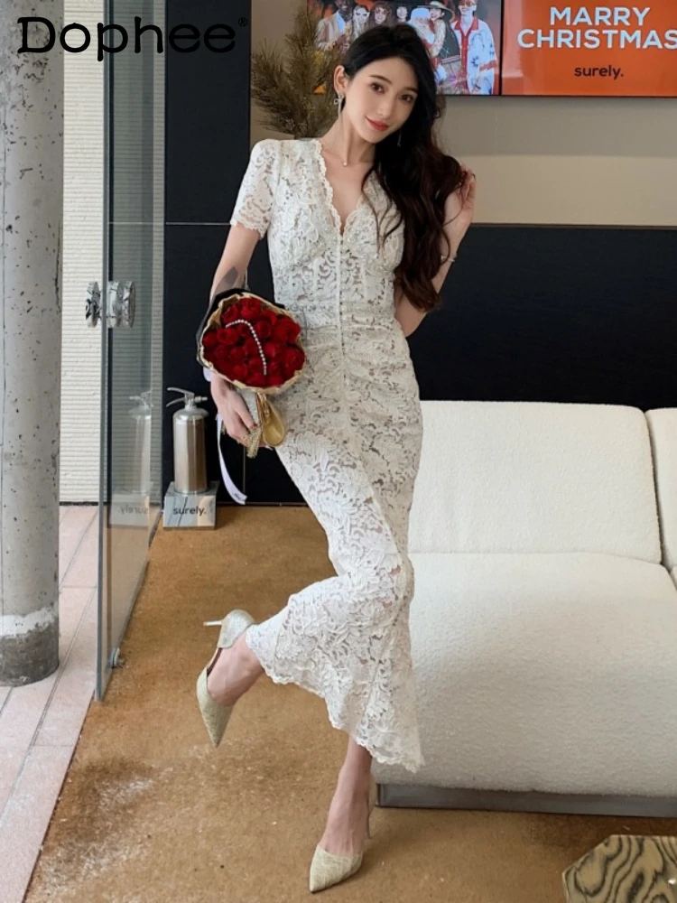 

French Sexy V-neck Solid Color Short Sleeve Dress Female 2024 Early Spring New Women's Clothing Elegant Lace Long Dresses