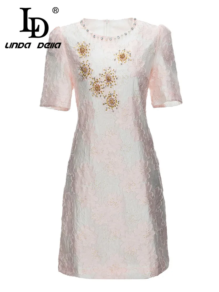 LD LINDA DELLA 2023 Summer Fashion Designer Beach Dress Women's Round Neck Extravagant Nail Bead Print Slim Fit Dress