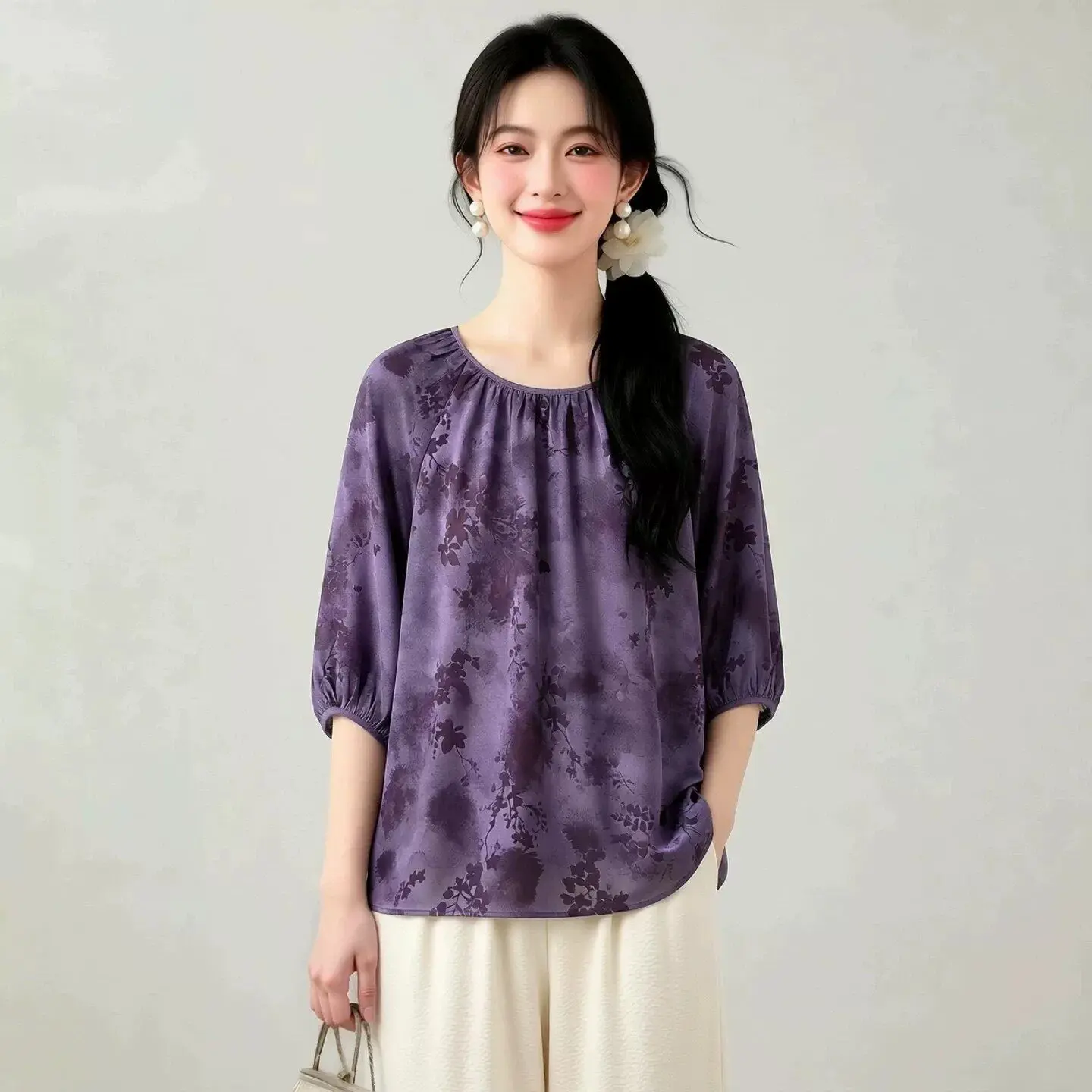 Winsleter-100%Real Silk Double Crepe Elegant T-Shirt, Lantern Sleeve Print, Women French Casual Loose Top, 2026 Autumn T6O438CC